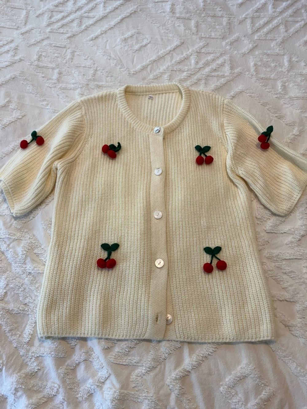 Amazon Cream Knit Cardigan with Red Cherry Appliques